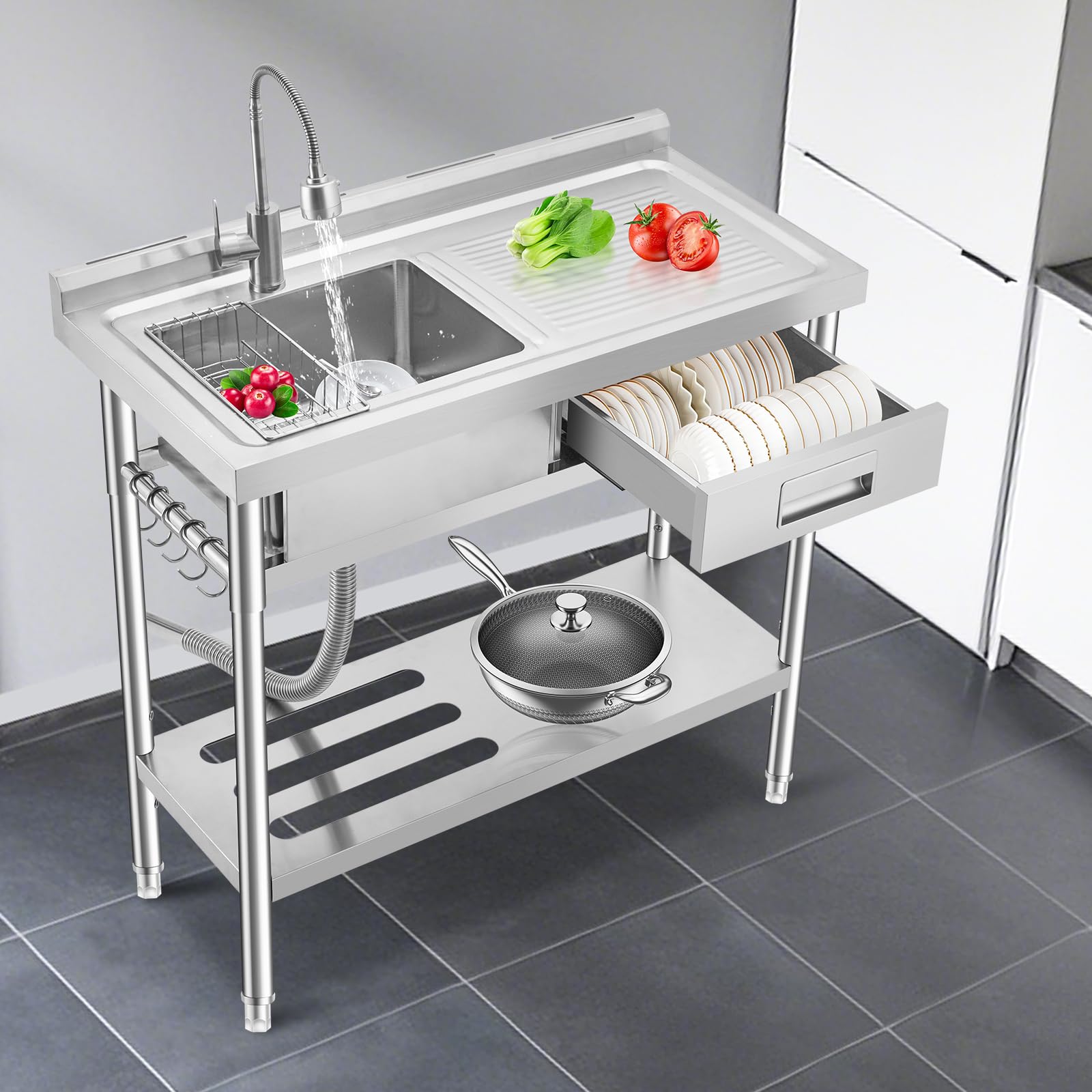 Fregadero de acero inoxidable Garvee 100x50 cm con cubeta izquierda plataforma derecha y grifo incluido
