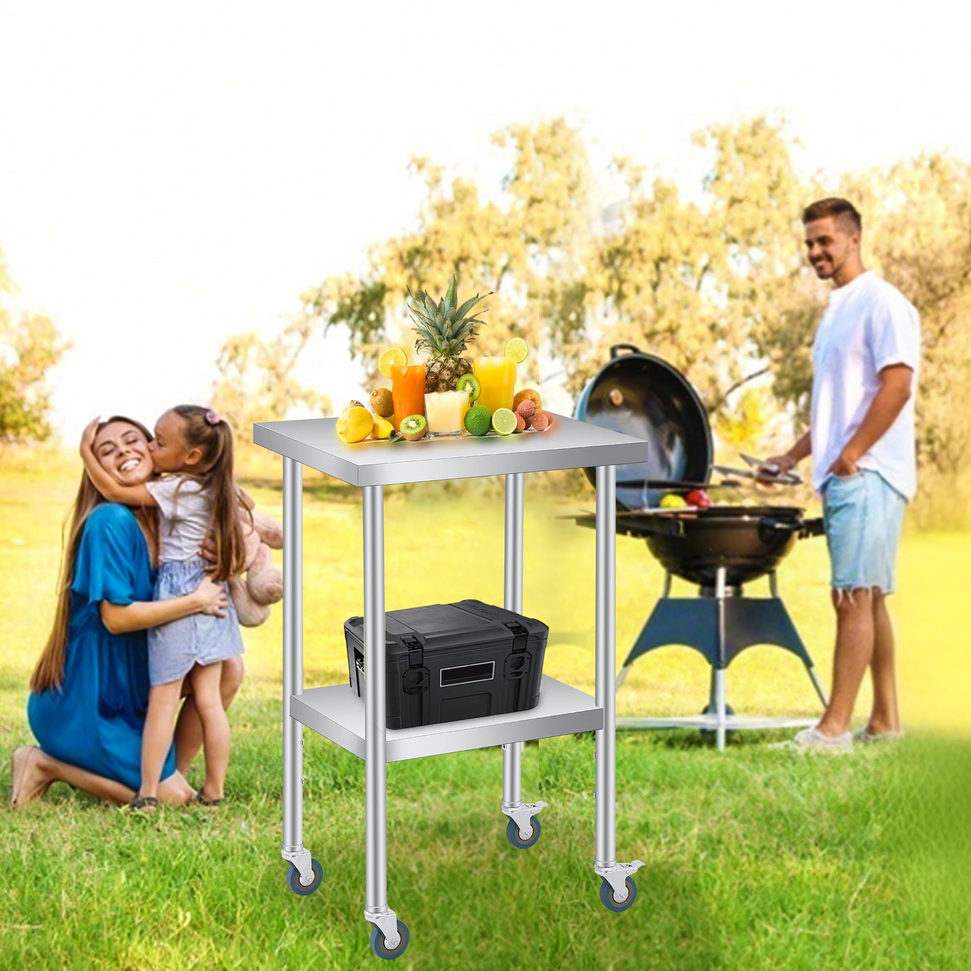 Mesa de acero inoxidable Garvee 61x30x89 cm 2 niveles con ruedas bloqueables para cocina comercial y hogar